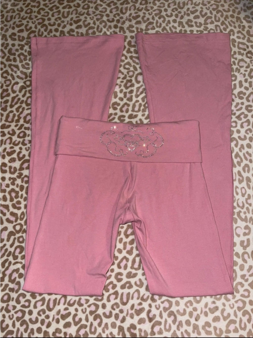 PINK Victoria's Secret flare Fold-Over Waist Leggings with Rhinestone Logo